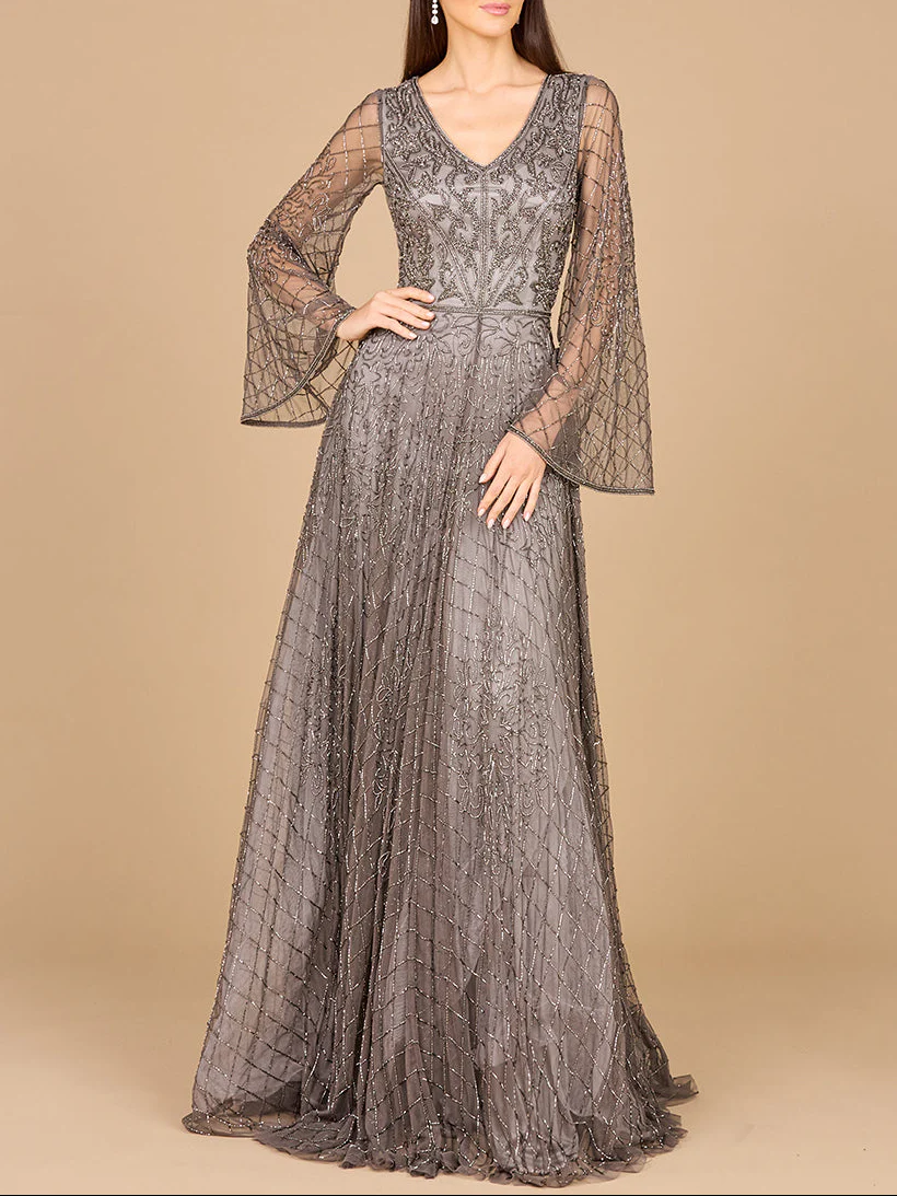 Beaded Long Dress with Flare Sleeves - Image 3