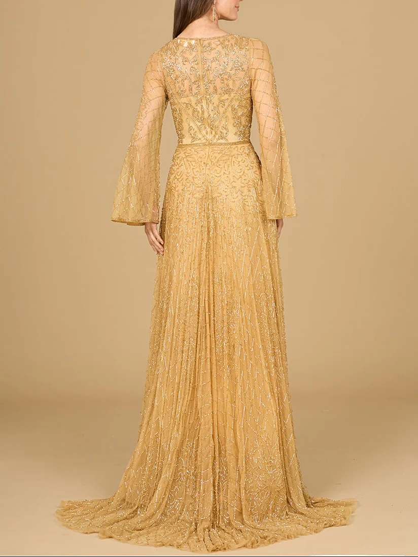 Beaded Long Dress with Flare Sleeves - Image 4