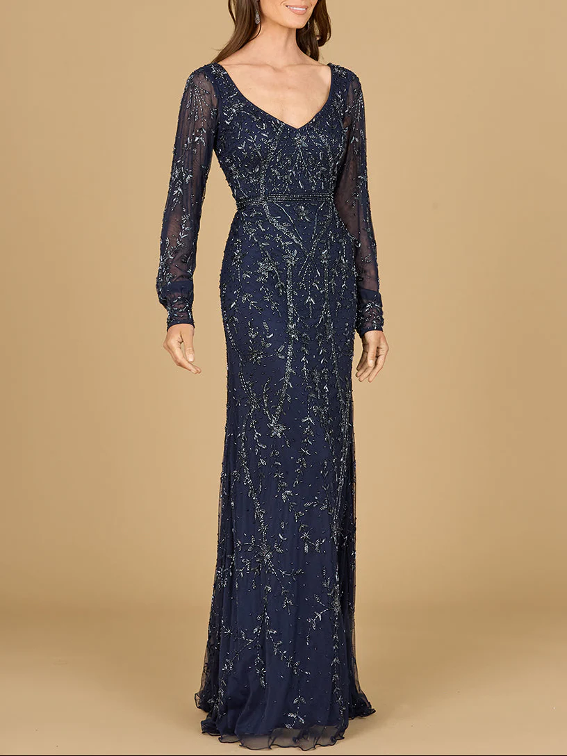 V-Neck Beaded Gown with Sleeves - Image 2