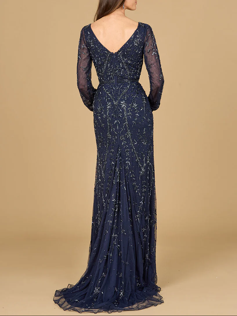 V-Neck Beaded Gown with Sleeves - Image 3