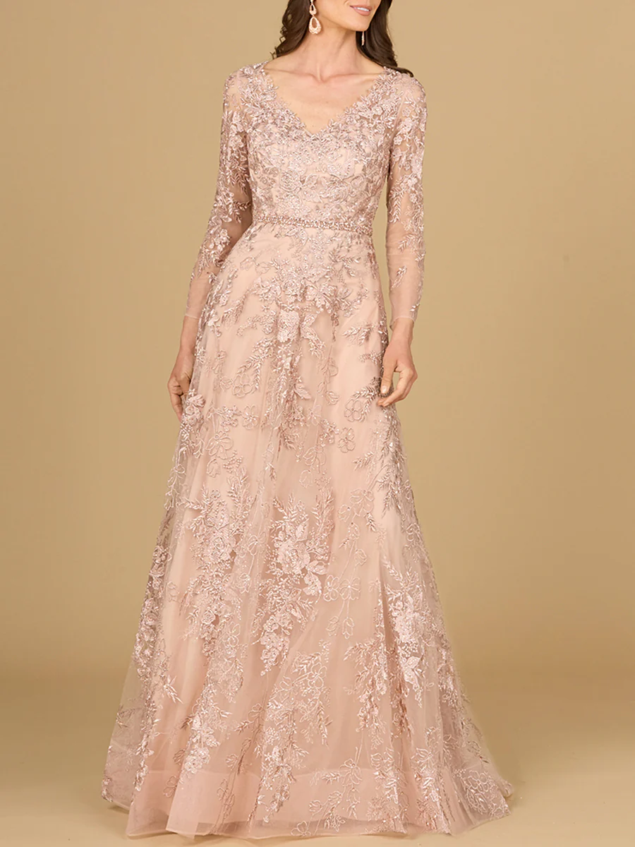 Long Sleeve V-Neck Lace Gown with Beaded Belt