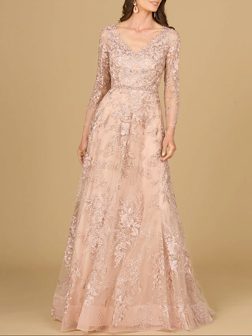 Long Sleeve V-Neck Lace Gown with Beaded Belt - Image 2