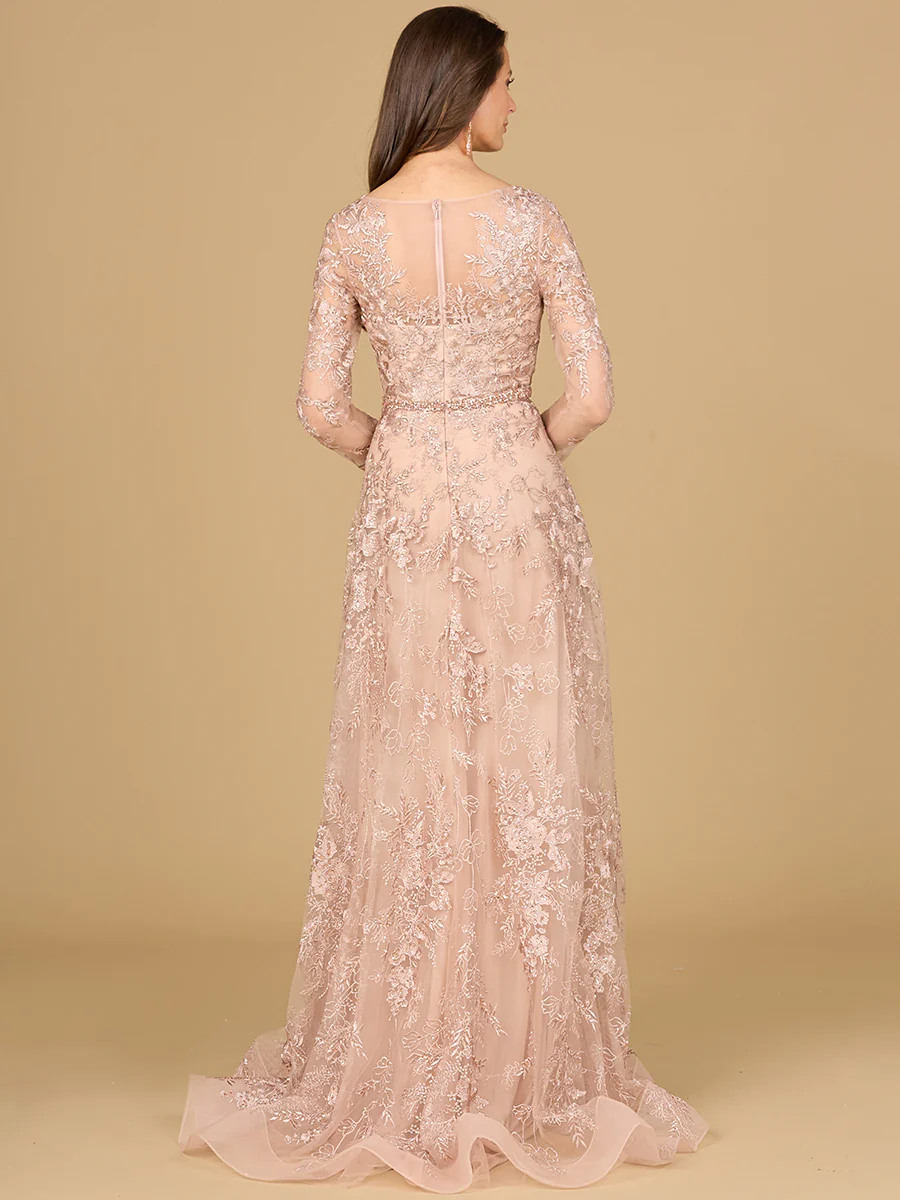 Long Sleeve V-Neck Lace Gown with Beaded Belt - Image 3