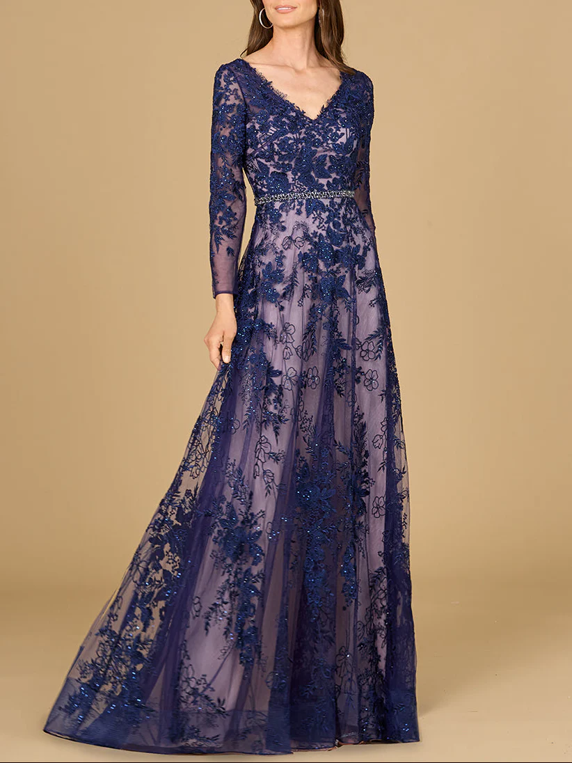 Long Sleeve V-Neck Lace Gown with Beaded Belt - Image 4