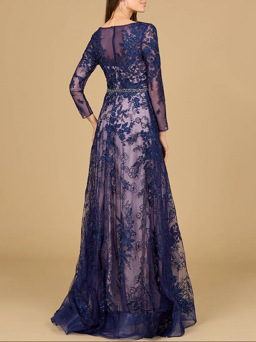 Long Sleeve V-Neck Lace Gown with Beaded Belt - Image 5