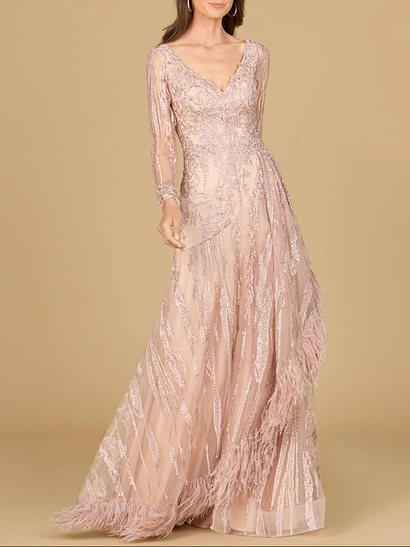 Long Sleeve V-Neck Lace Gown with Feathers - Image 2
