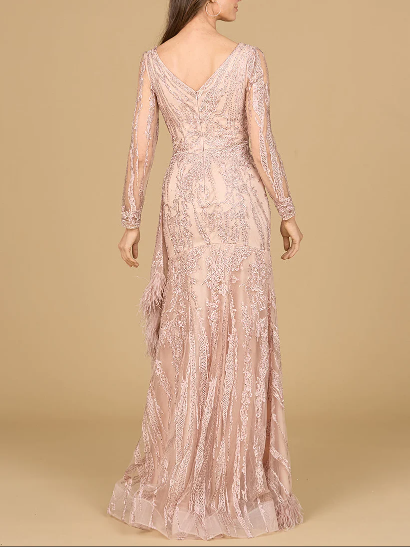 Long Sleeve V-Neck Lace Gown with Feathers - Image 3