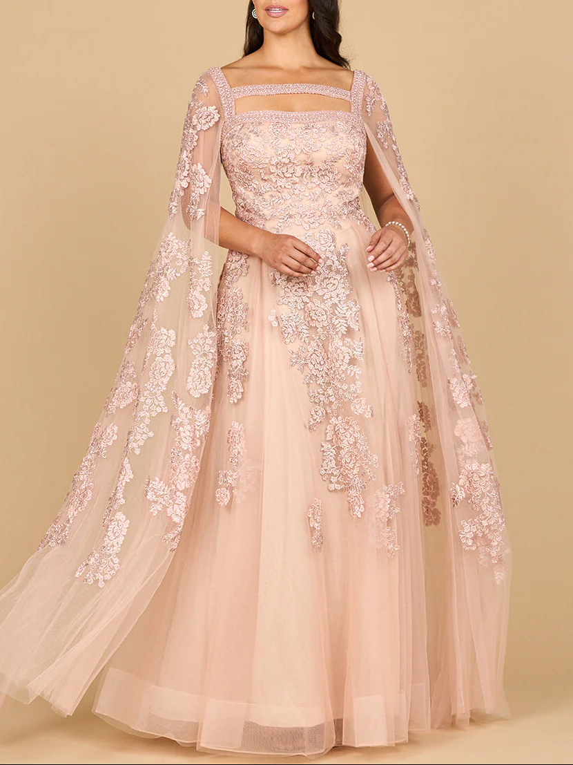 Lace Embroidered Gown with Long Cape Sleeves - Image 2