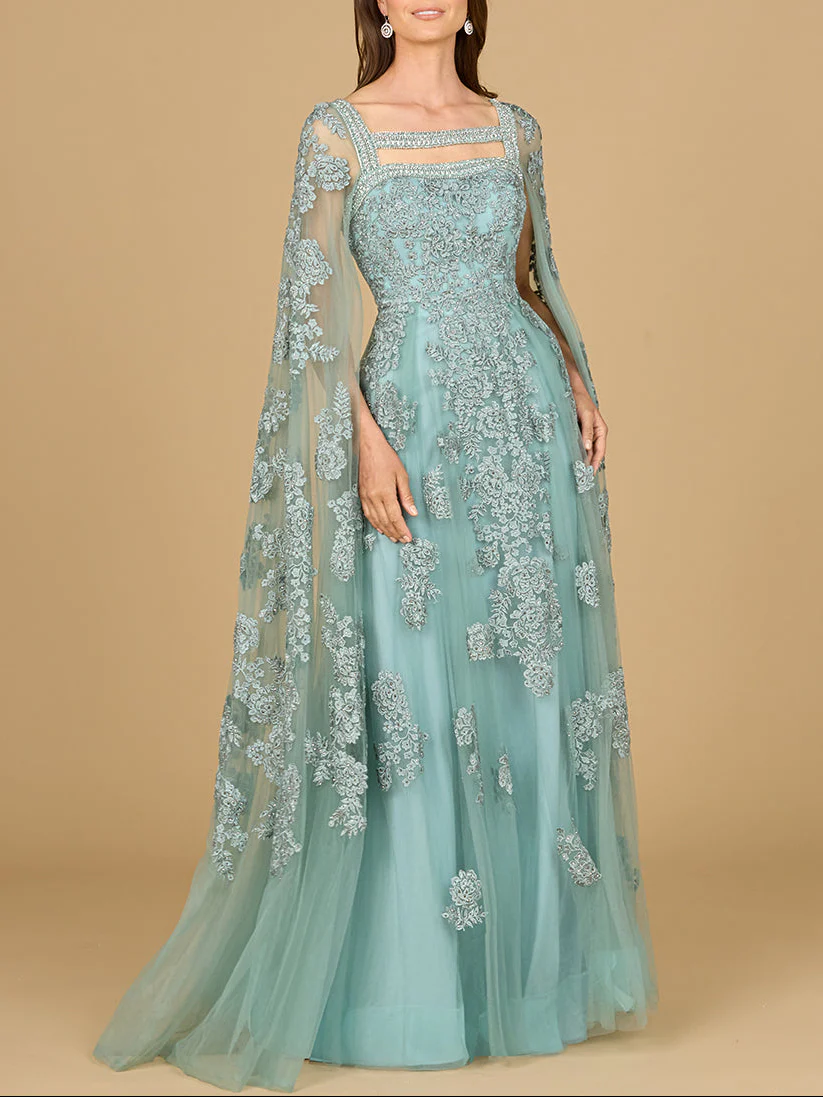 Lace Embroidered Gown with Long Cape Sleeves - Image 3