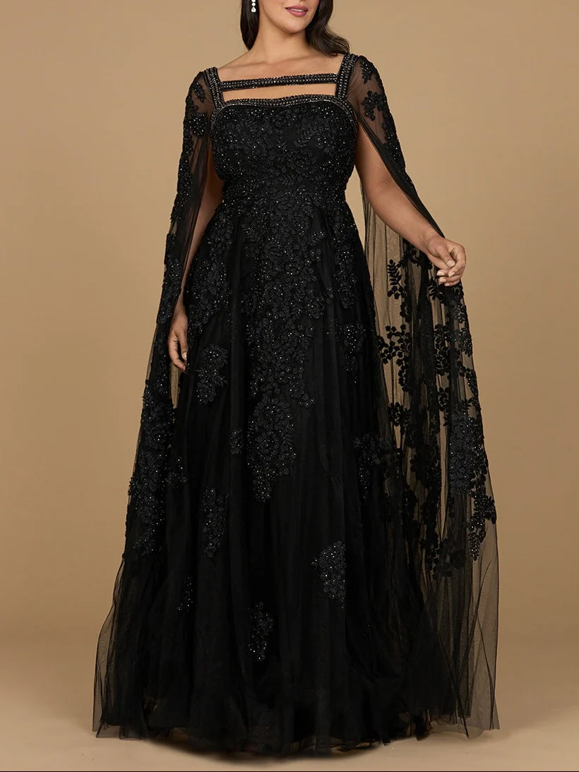 Lace Embroidered Gown with Long Cape Sleeves - Image 4