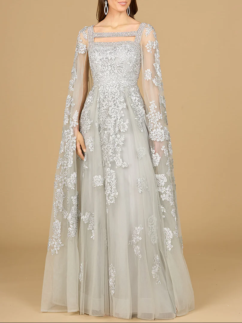Lace Embroidered Gown with Long Cape Sleeves - Image 5