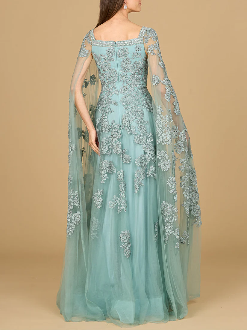 Lace Embroidered Gown with Long Cape Sleeves - Image 6