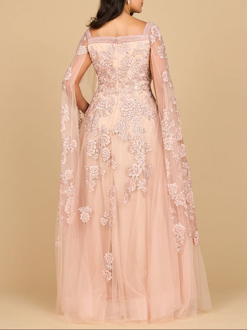 Lace Embroidered Gown with Long Cape Sleeves - Image 7