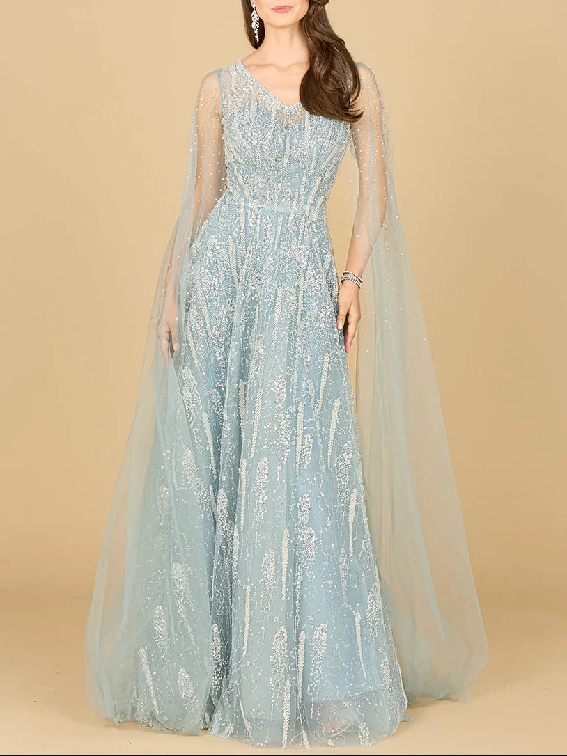 Lace Gown with Cape Sleeves and V-neckline - Image 2