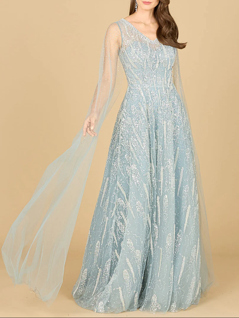 Lace Gown with Cape Sleeves and V-neckline - Image 4