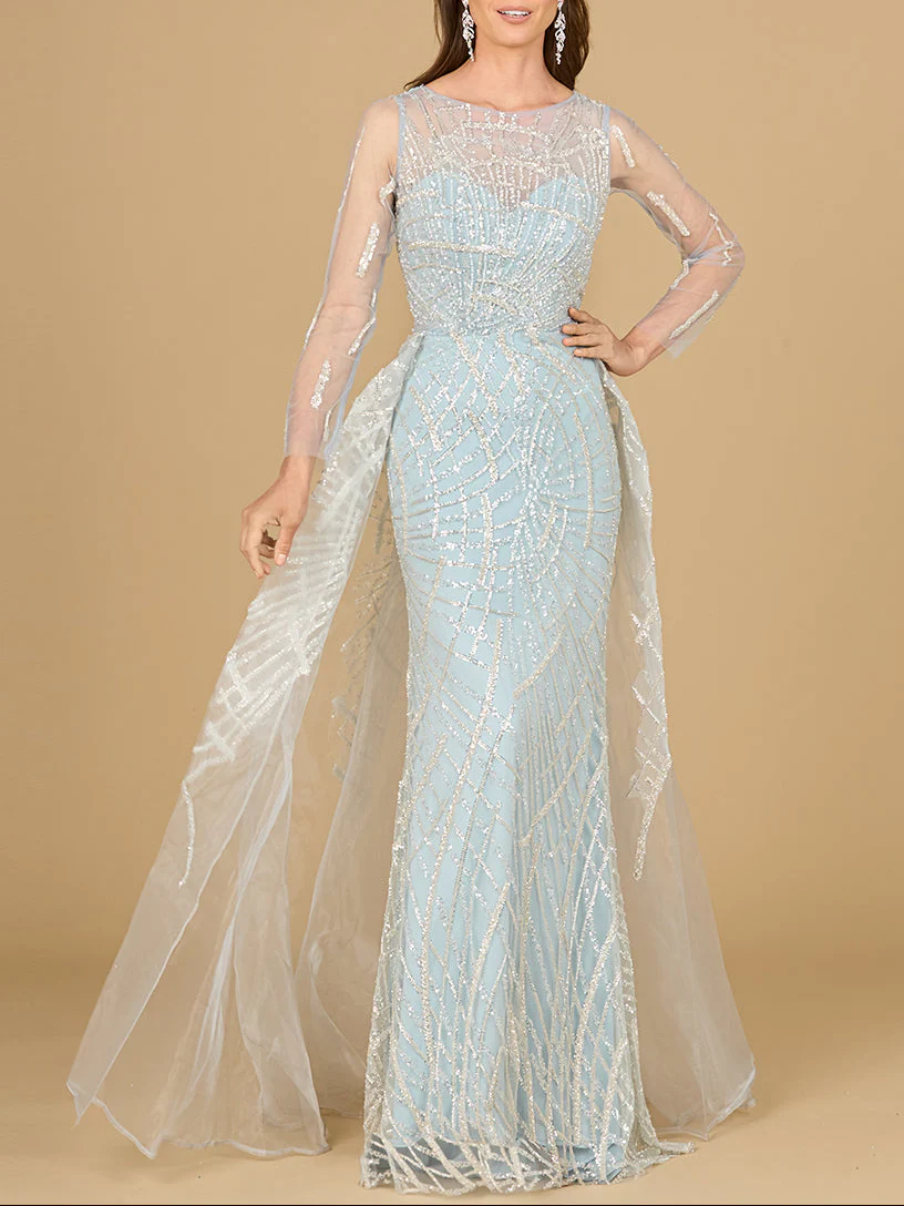 Long Sleeve Lace Gown with Tulle Overskirt - Image 2