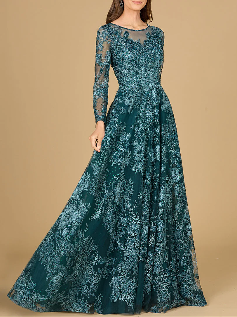 Long Sleeve, Illusion Neck Gown - Image 3