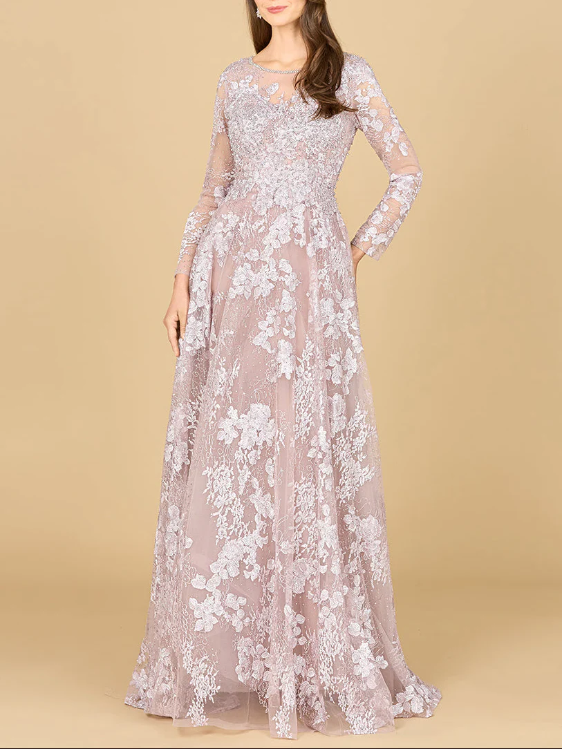 Long Sleeve, Illusion Neck Gown - Image 6