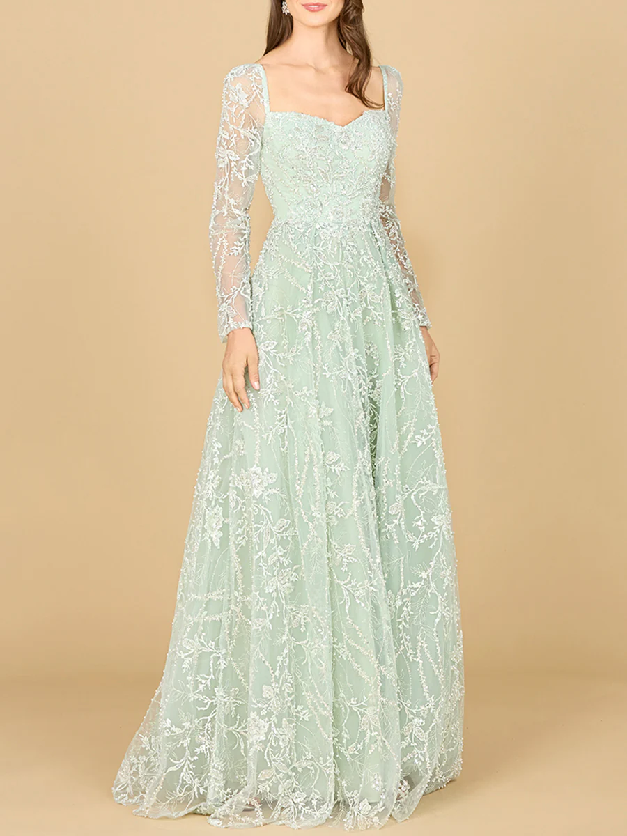 Long Sleeve Beaded Lace Gown
