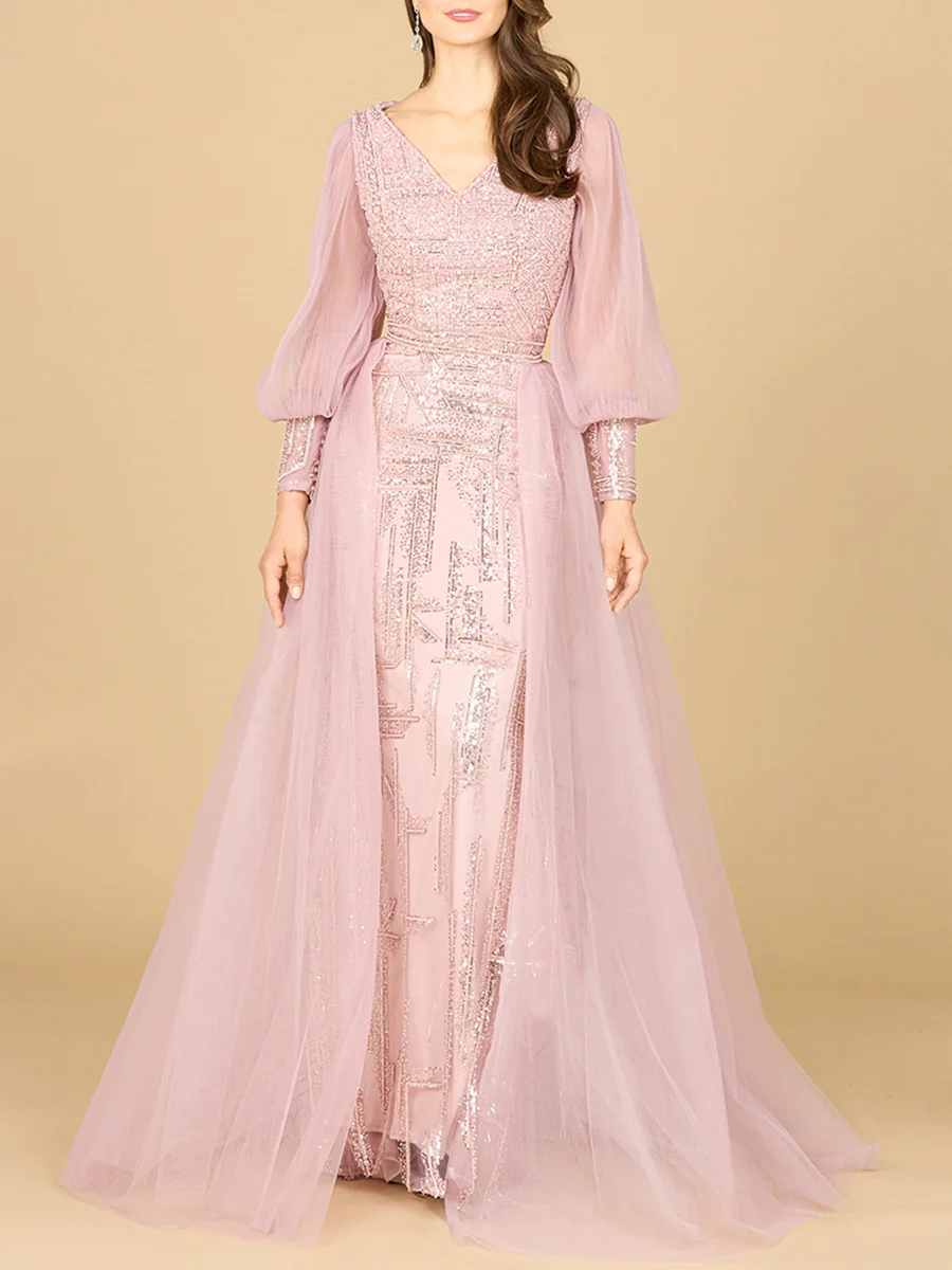 Long Sleeve Lace Gown with Removable Over Skirt - Image 2