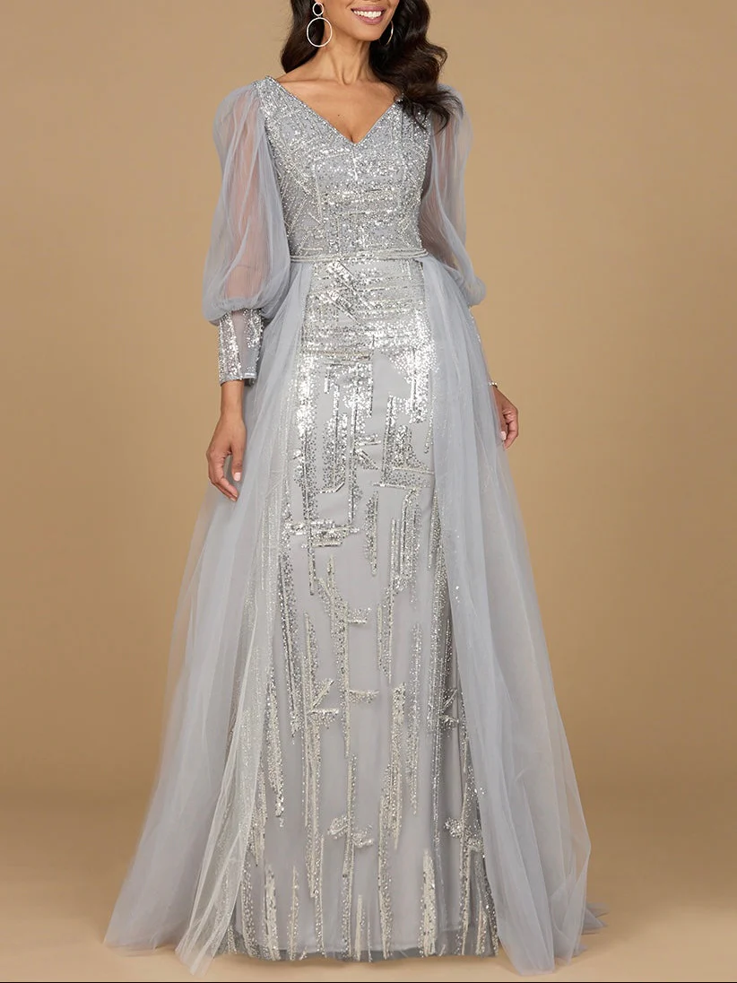 Long Sleeve Lace Gown with Removable Over Skirt - Image 3