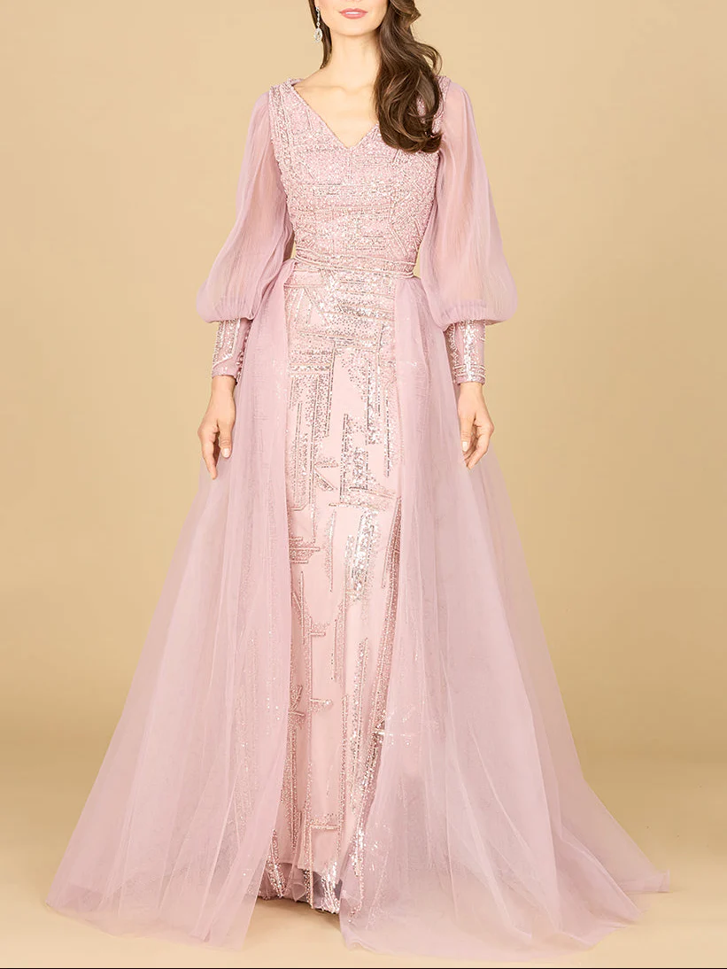 Long Sleeve Lace Gown with Removable Over Skirt - Image 4
