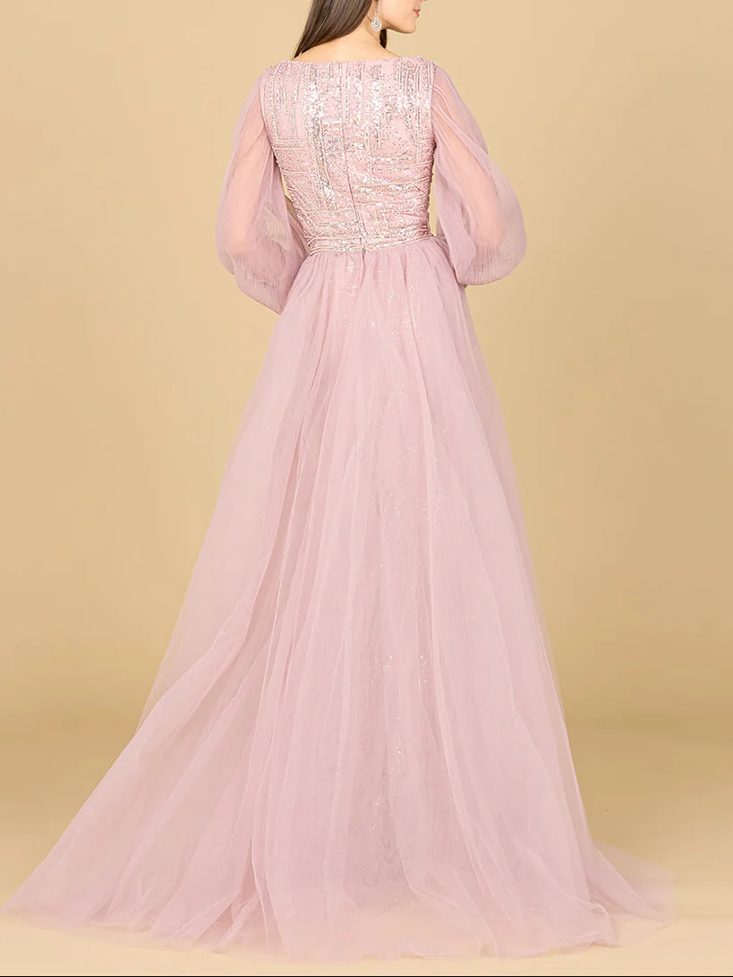 Long Sleeve Lace Gown with Removable Over Skirt - Image 5