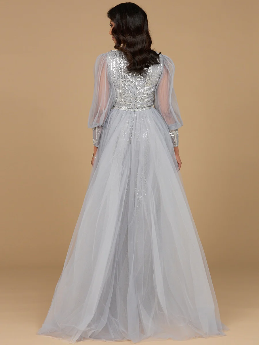 Long Sleeve Lace Gown with Removable Over Skirt - Image 7