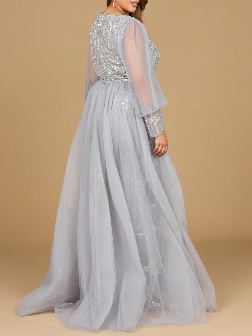Long Sleeve Lace Gown with Removable Over Skirt - Image 9