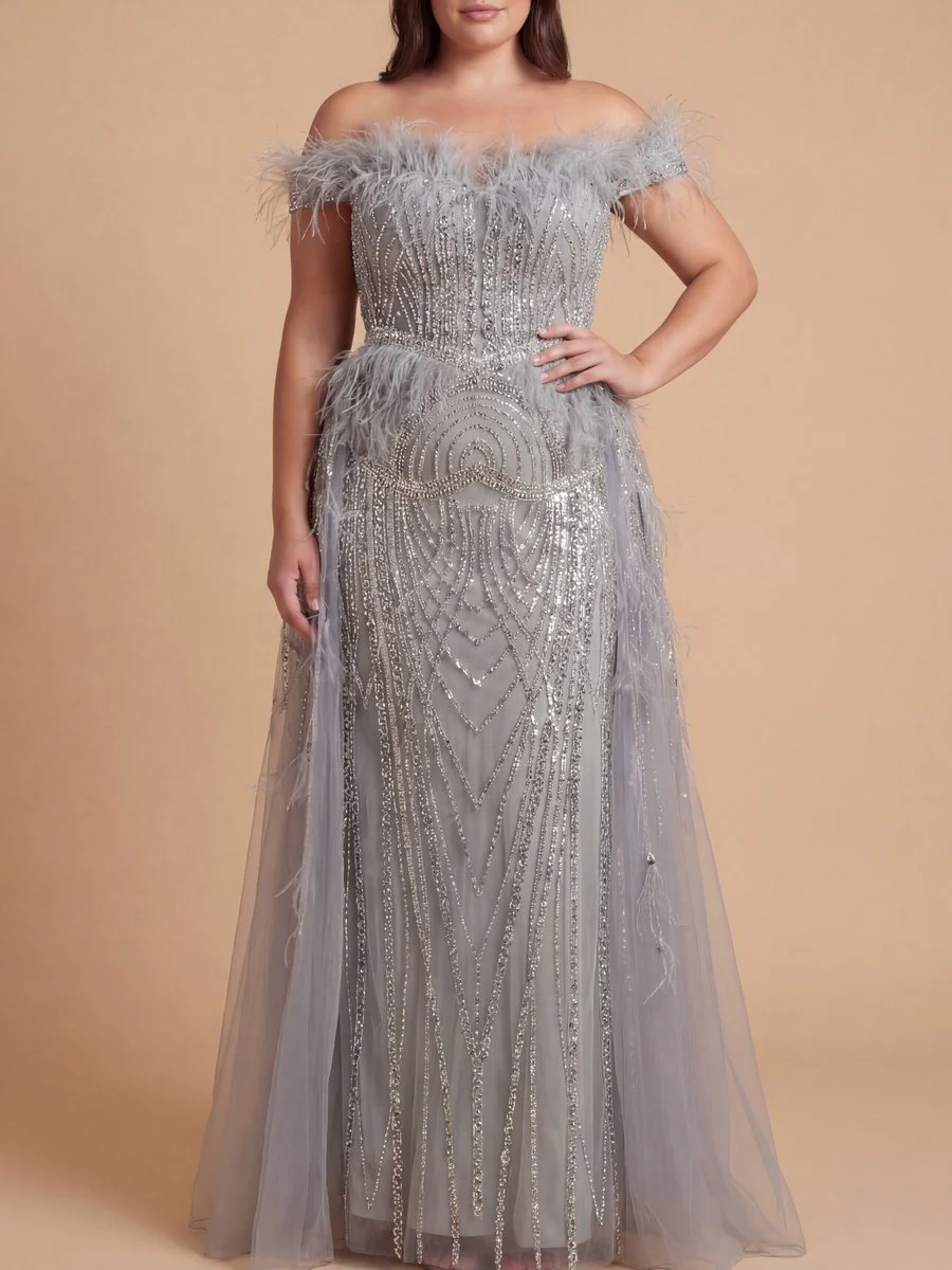 Off Shoulder Gown with Feathers - Image 2