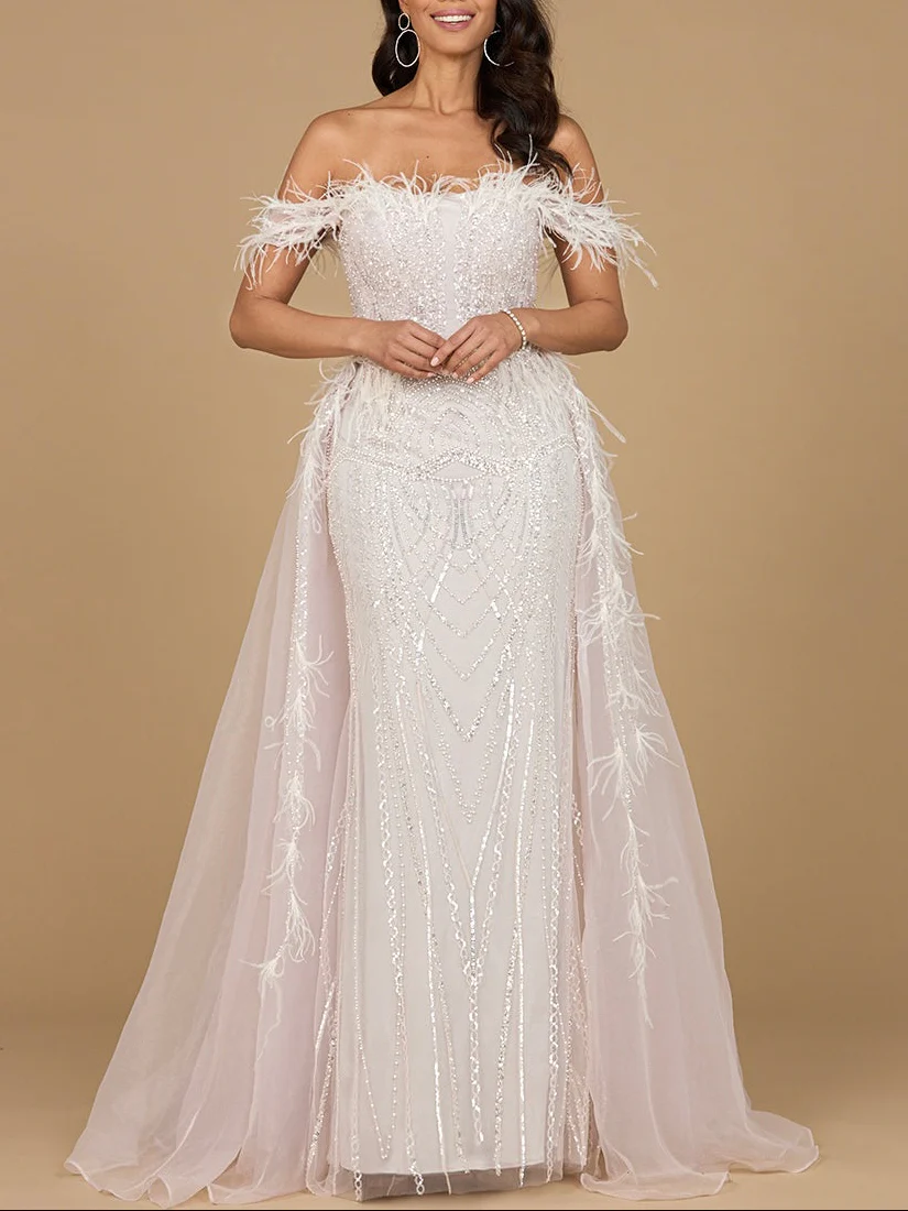Off Shoulder Gown with Feathers - Image 4