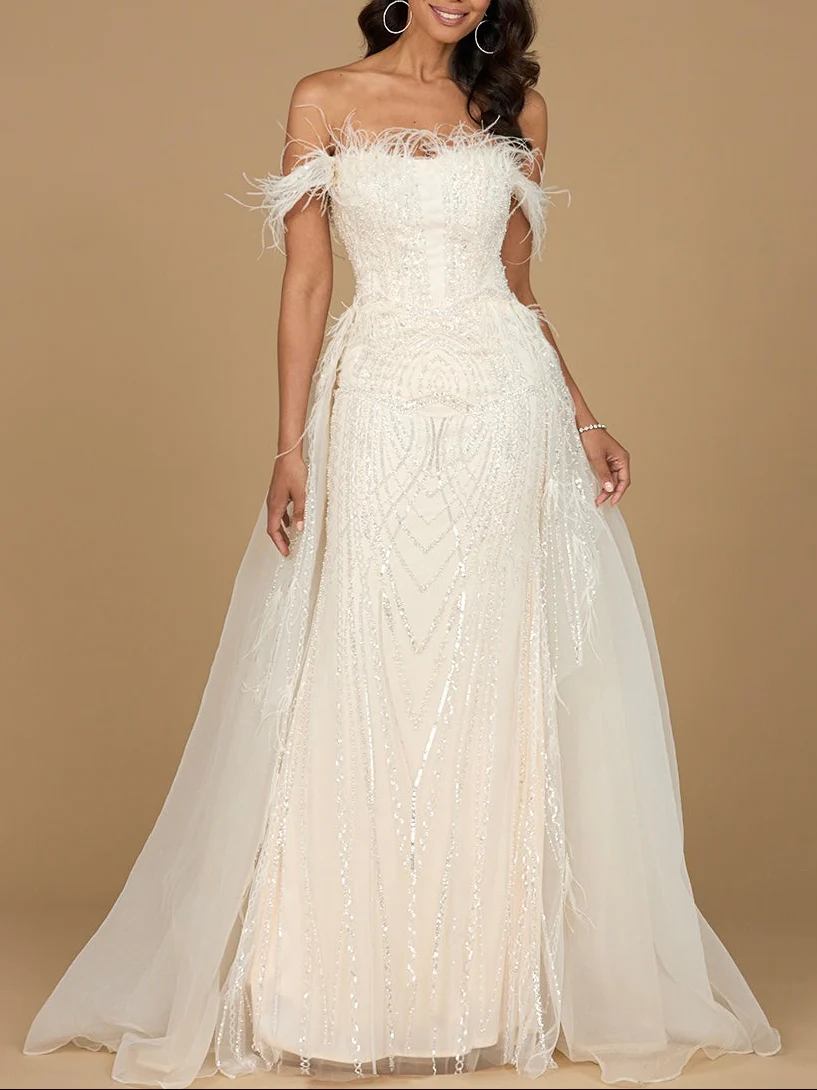 Off Shoulder Gown with Feathers - Image 5
