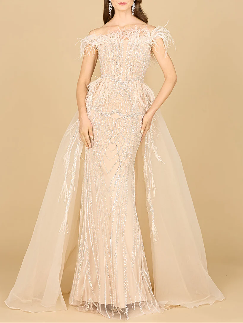 Off Shoulder Gown with Feathers - Image 6