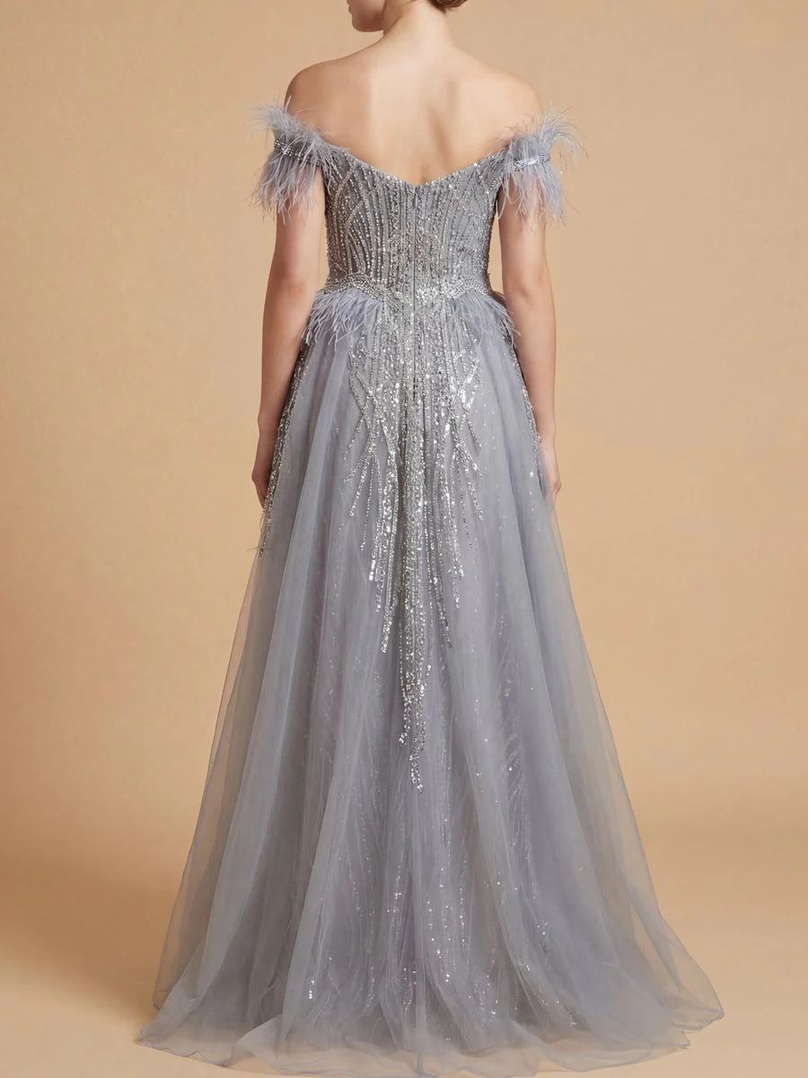 Off Shoulder Gown with Feathers - Image 8