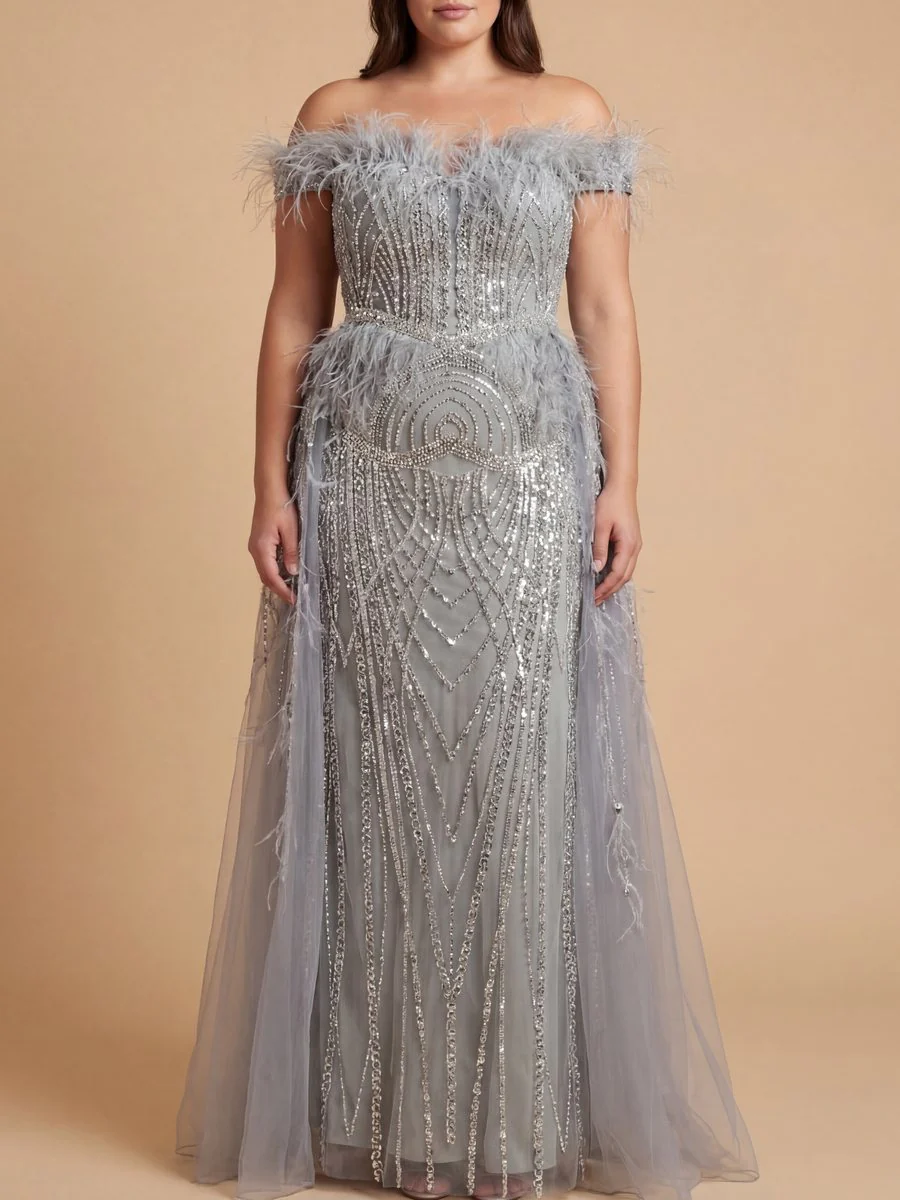 Off Shoulder Gown with Feathers - Image 9