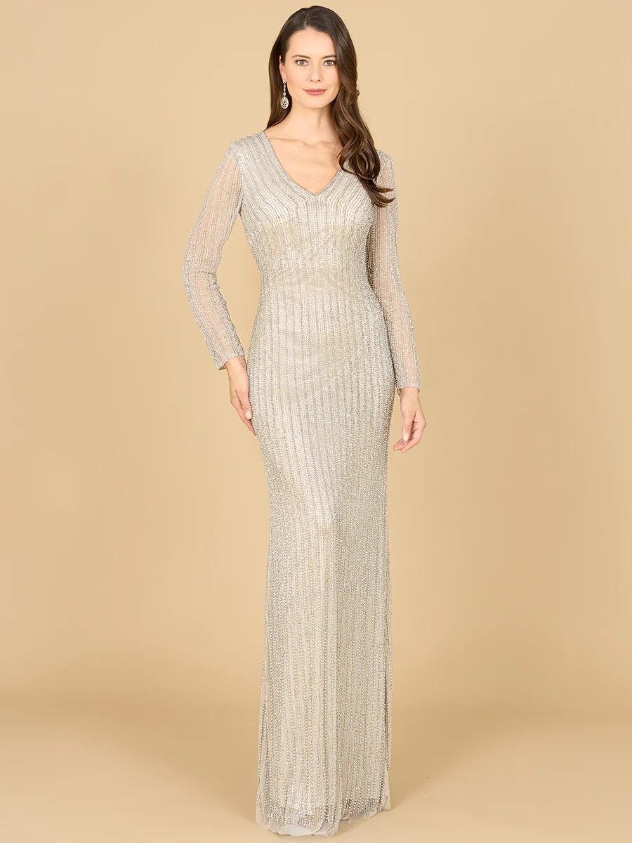 Classic V-Neck Beaded Long Sleeve Gown - Image 2