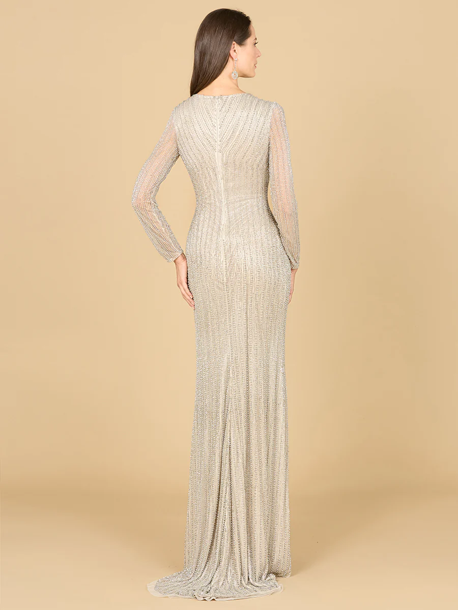 Classic V-Neck Beaded Long Sleeve Gown - Image 3