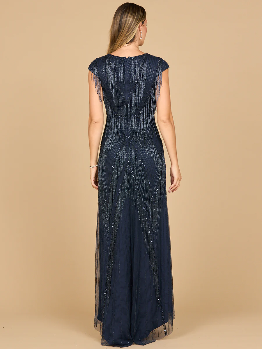 Beaded Fringe V-Neckline Dress with Cap Sleeves | Lara 28858 - Image 3