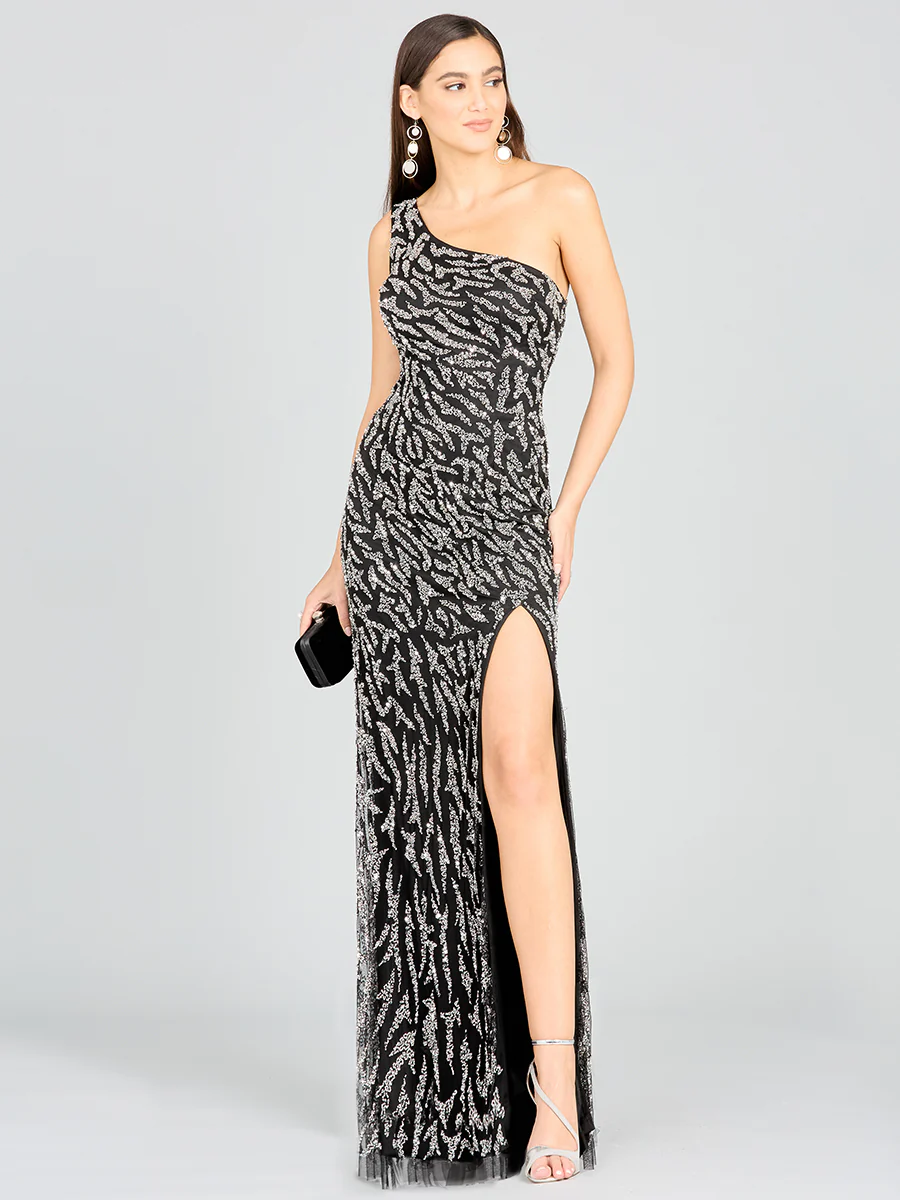 One-Shoulder Beaded Gown with High Slit - Image 2