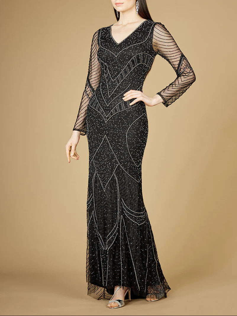 Long Sleeve Beaded Dresses with Sheer Sleeves - OUTLET - Image 2