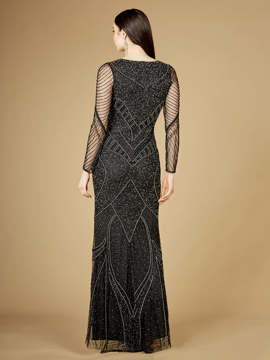 Long Sleeve Beaded Dresses with Sheer Sleeves - OUTLET - Image 3