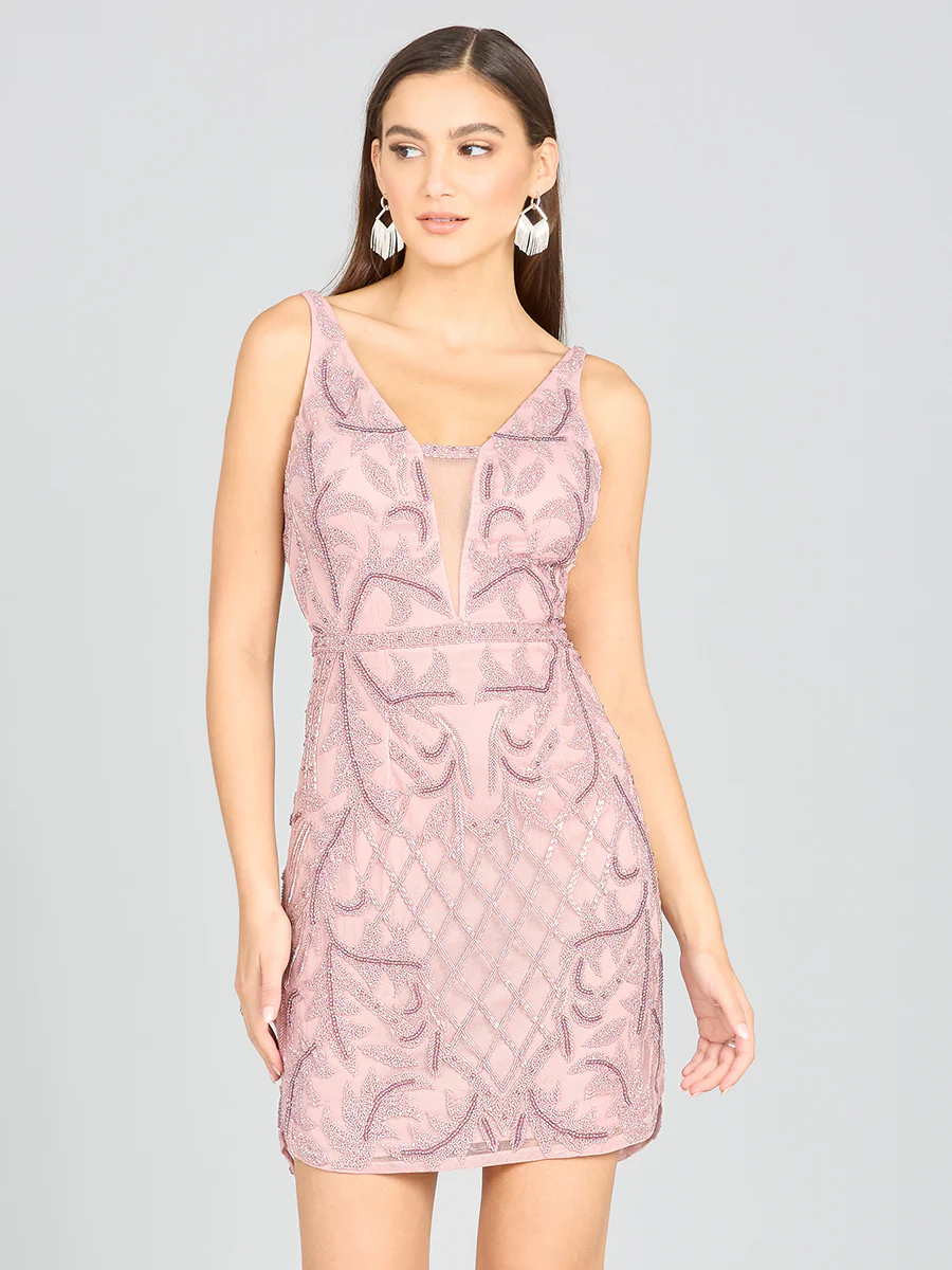 Deep V-Neck Beaded Mini Dress with Low Back - Image 2