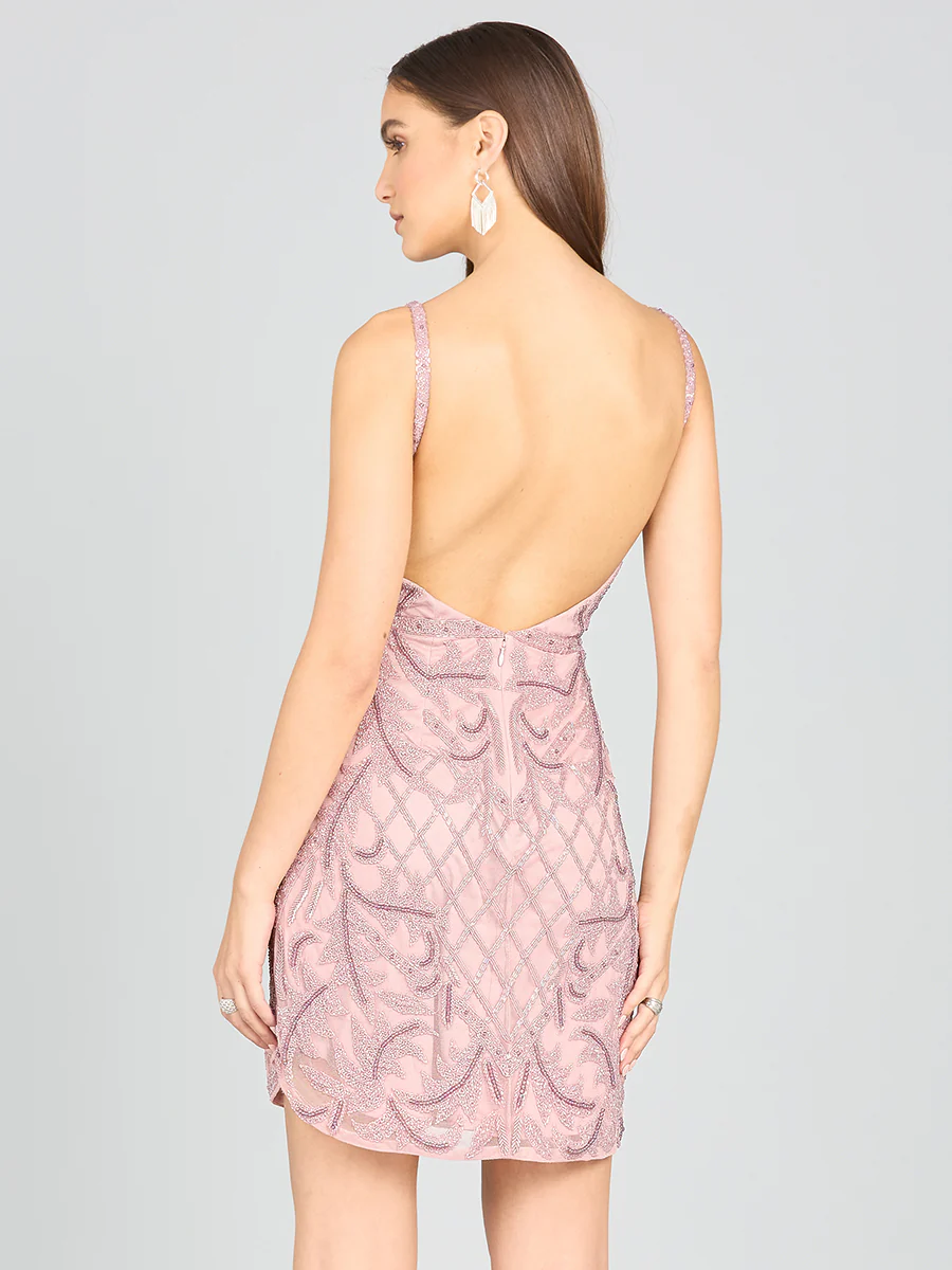 Deep V-Neck Beaded Mini Dress with Low Back - Image 3