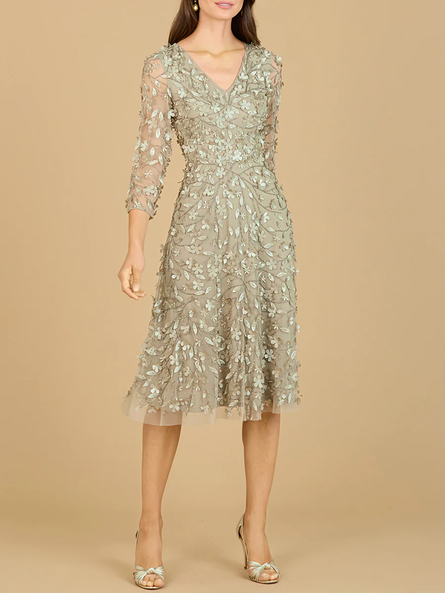 Flowing, 3D Embroidered Midi Dress with Sleeves