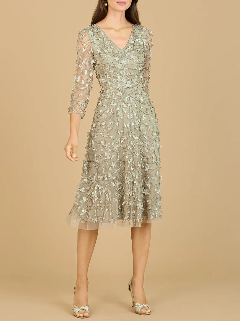 Flowing, 3D Embroidered Midi Dress with Sleeves - Image 2
