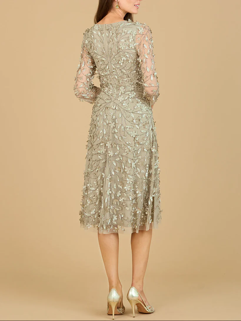 Flowing, 3D Embroidered Midi Dress with Sleeves - Image 3