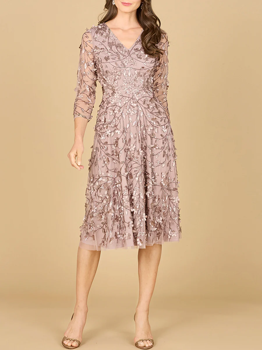 Flowing, 3D Embroidered Midi Dress with Sleeves - Image 4