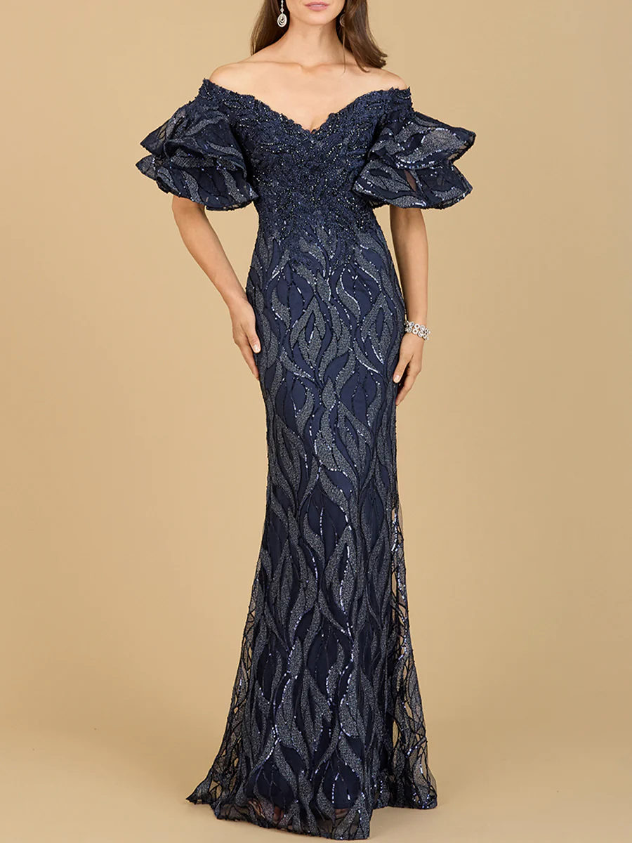 Off Shoulder Mermaid Beaded Gown with Tiered Sleeves | Lara 29190