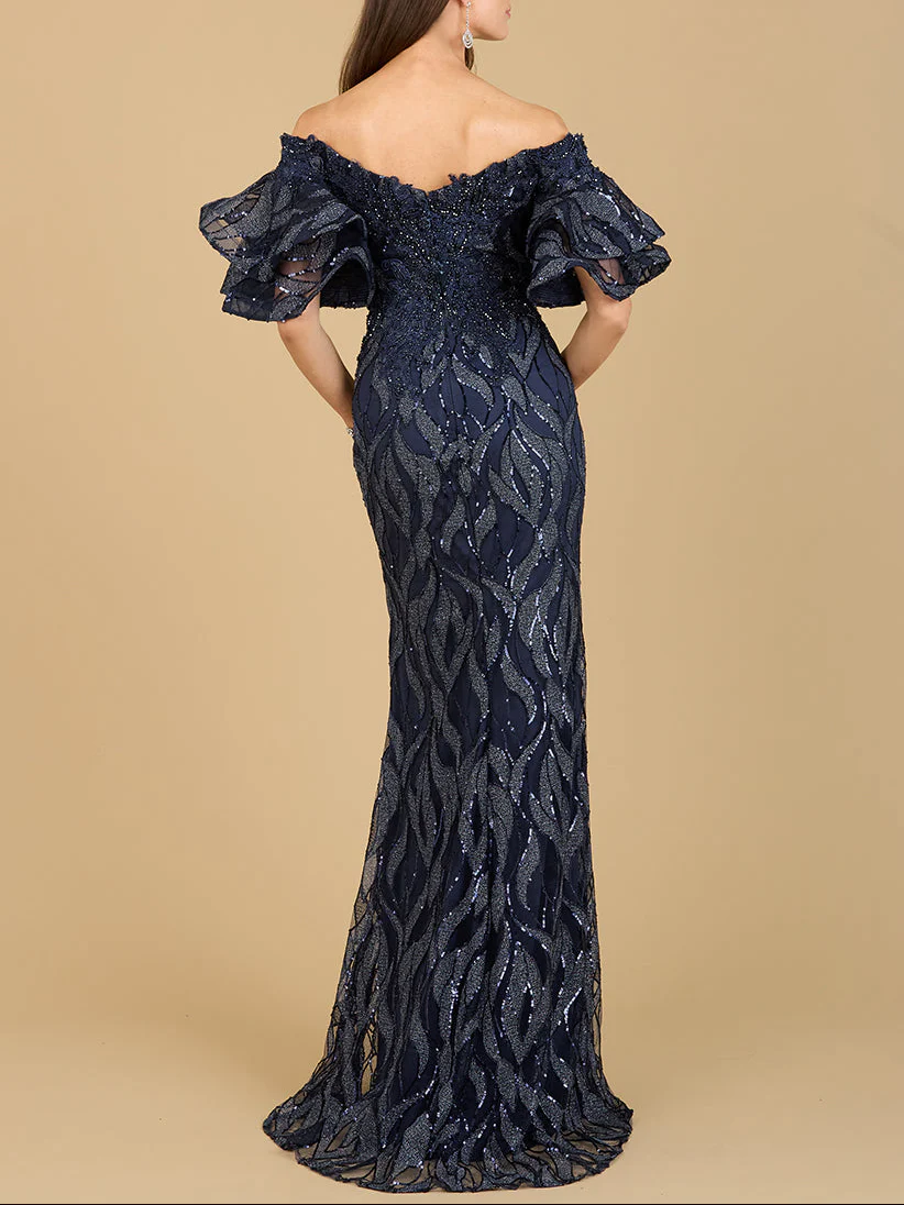 Off Shoulder Mermaid Beaded Gown with Tiered Sleeves | Lara 29190 - Image 10