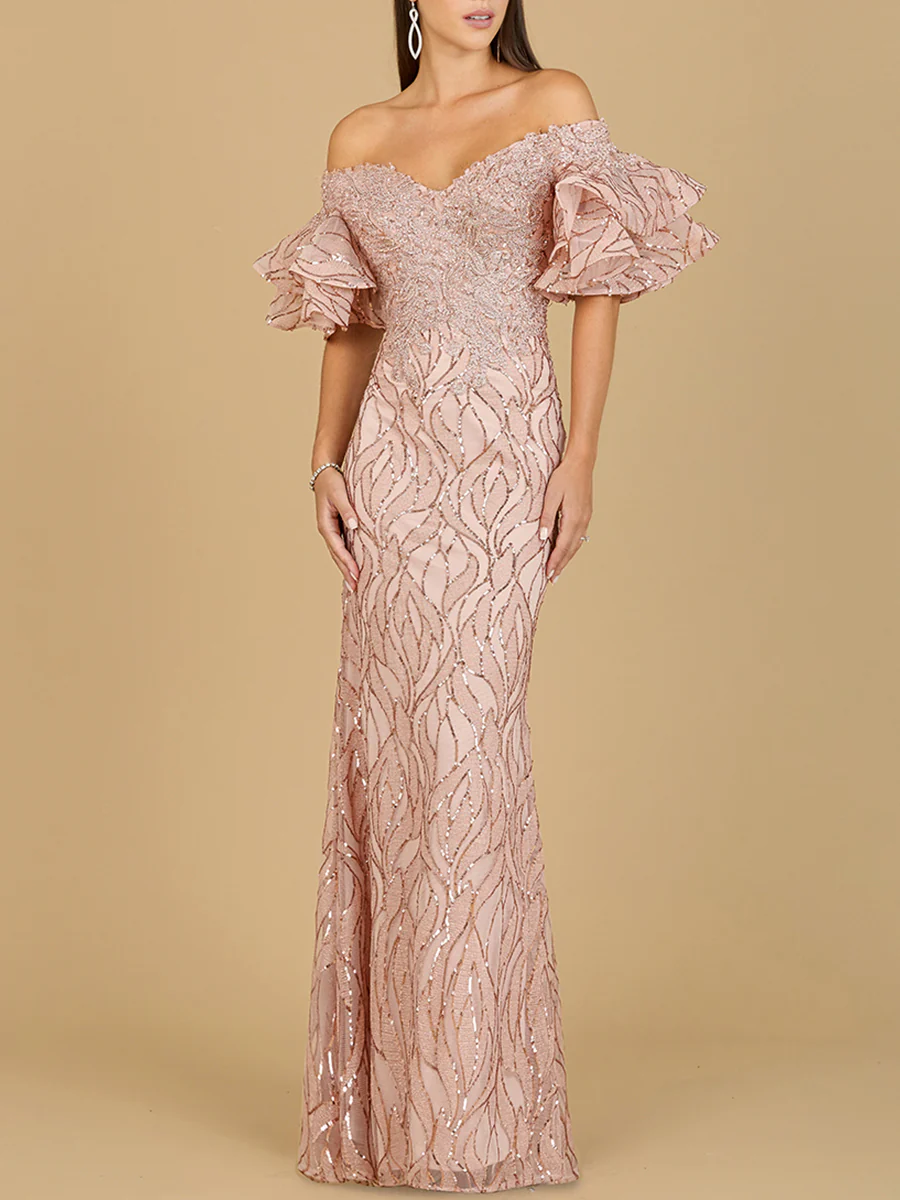 Off Shoulder Mermaid Beaded Gown with Tiered Sleeves | Lara 29190 - Image 2